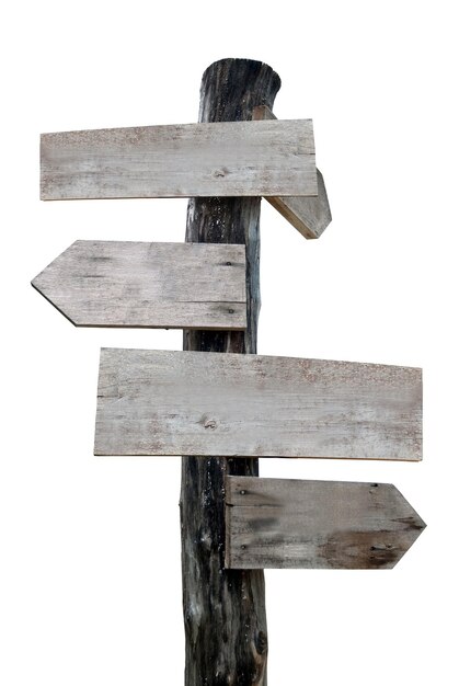 Primer plano de las señales de dirección de madera contra un fondo blanco