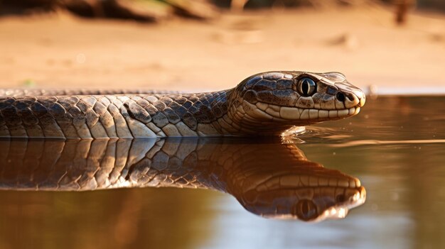 Primer plano de una serpiente de agua con un reflejo en la superficie del agua