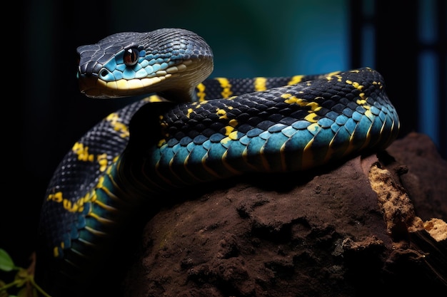 primer plano de una serpiente azul y amarilla en una roca en un zoológico serpiente elaphe dione AI Generado