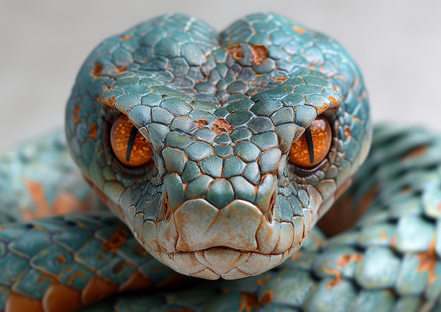 Un primer plano de una serpiente azul de ojos naranjas