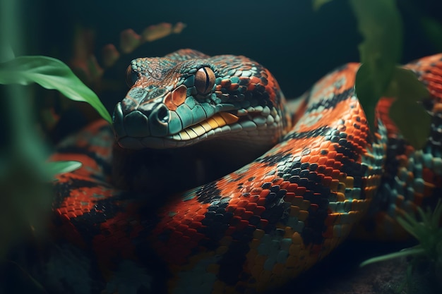 Primer plano de una serpiente brillante en la naturaleza IA generativa