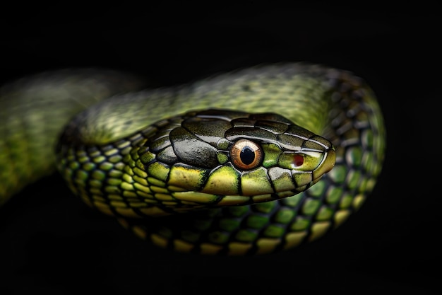 Foto primer plano de una serpiente contra un fondo negro