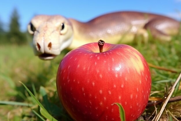 Foto primer plano de una serpiente que se desliza hacia una manzana