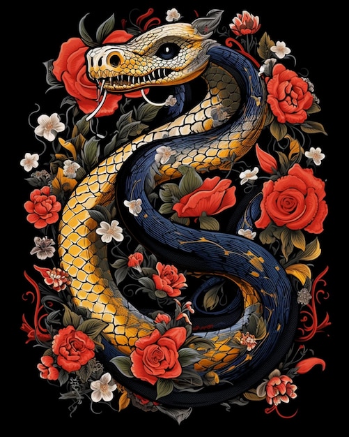 Un primer plano de una serpiente con rosas y hojas sobre un fondo negro ai generativo