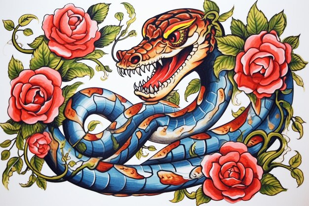 Un primer plano de una serpiente con rosas sobre un fondo blanco ai generativo