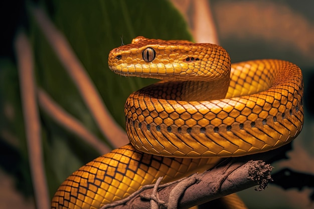 Primer plano de una serpiente Tropidolaemus wagleri en una rama