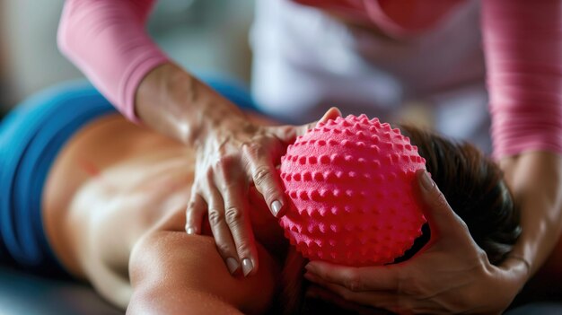 Primer plano de una sesión de fisioterapia con una pelota de masaje texturizada en la espalda de un paciente