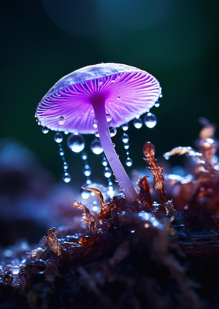 primer plano seta púrpura gotas profundas planeta lluvia sueño brillante setas retroiluminadas crecer cuerpo goteando