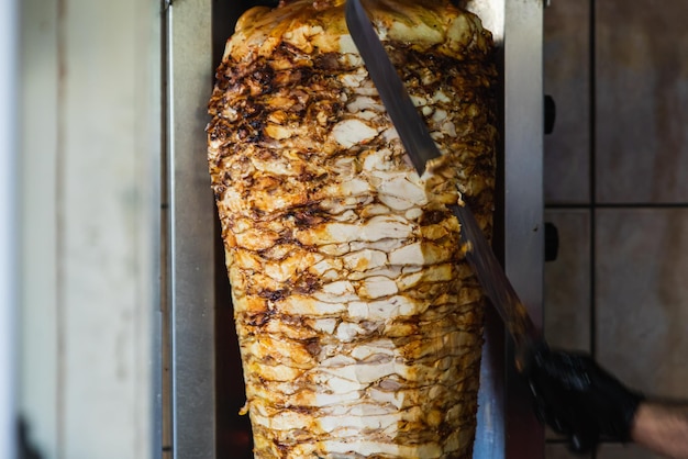 Primer plano de shawarma carne turca tradicional Doner Kebab Shawarma carne