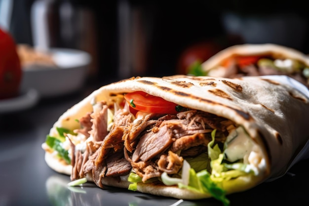 Un primer plano de un shawarma con carne y verduras