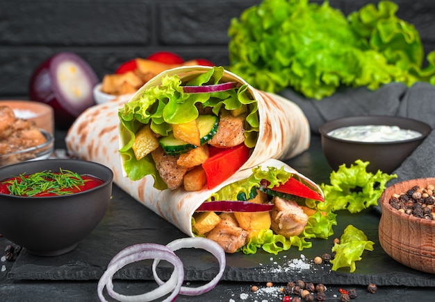 Primer plano de shawarma oriental tradicional en una pared negra. Carne, papas fritas, verduras y ensalada envueltas en pan de pita. Merienda rápida, comida rápida.