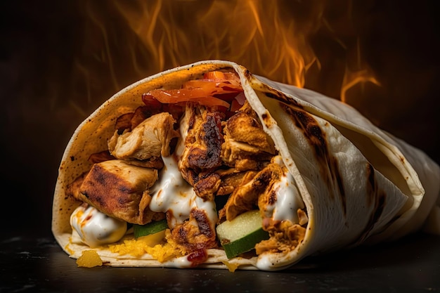 Primer plano de shawarma de pollo mostrando su textura en capas y sabores creados con IA generativa