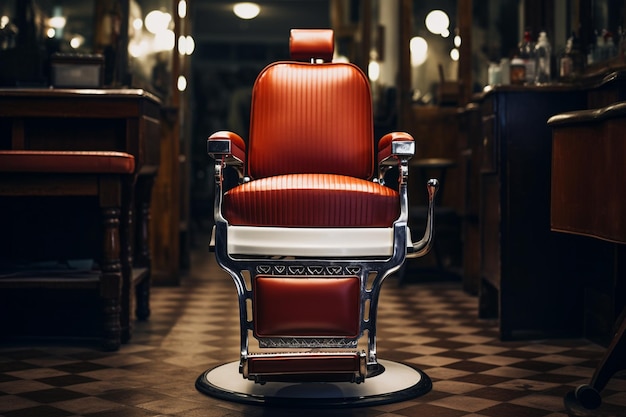 un primer plano de una silla de barbero roja en una fila