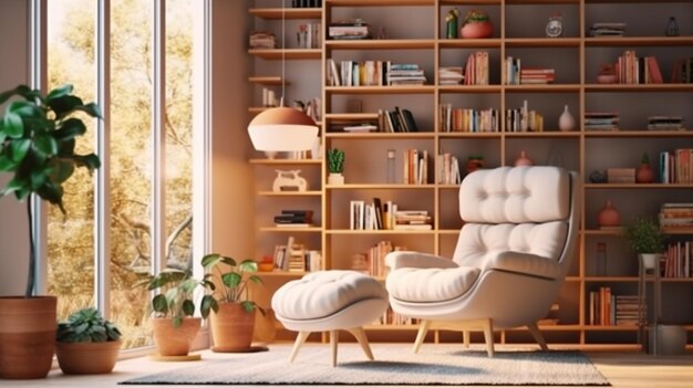 Un primer plano de una silla y una estantería en una habitación generativa ai