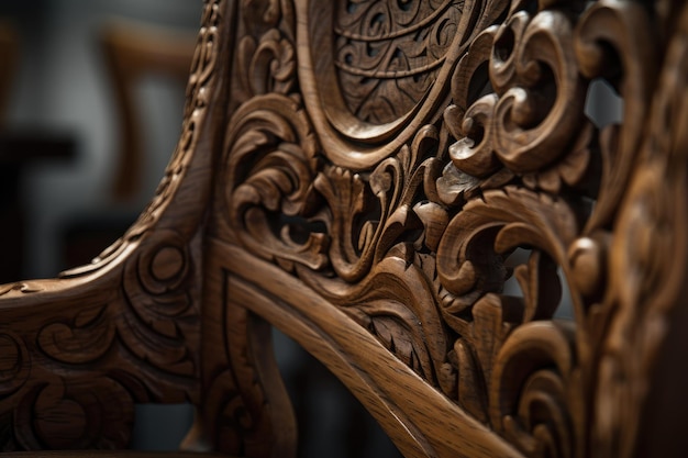 Primer plano de una silla de madera con intrincados detalles y texturas visibles