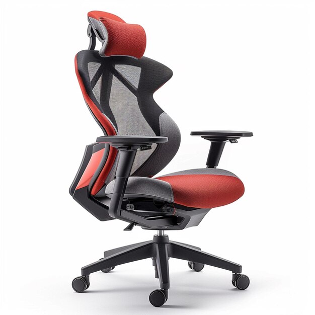 un primer plano de una silla de oficina roja y negra en un fondo blanco