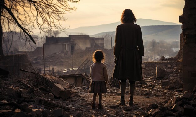 En primer plano, la silueta de una madre y su hijo caminando juntos con el telón de fondo de una casa destruida después de la guerra, el conflicto de Nagorno-Karabaj