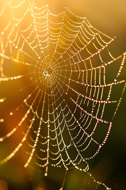 Un primer plano de una silueta de telaraña contra una puesta de sol con gotas de rocío brillantes que se asemejan a joyas preciosas