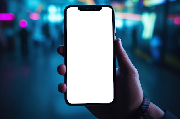Primer plano simulado mano que sostiene el teléfono inteligente con pantalla vacía en ai generativo