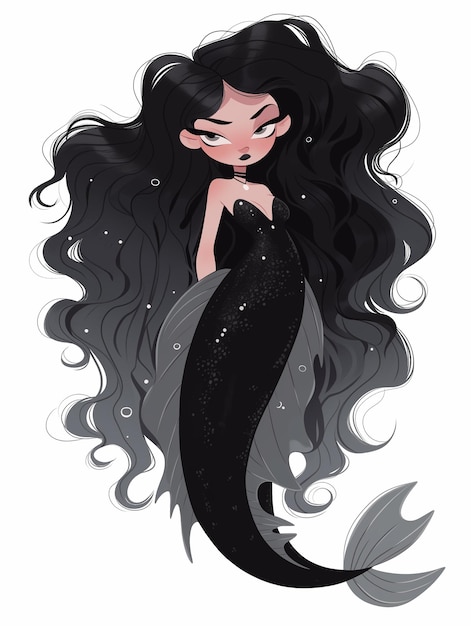 un primer plano de una sirena de dibujos animados con cabello largo y negro