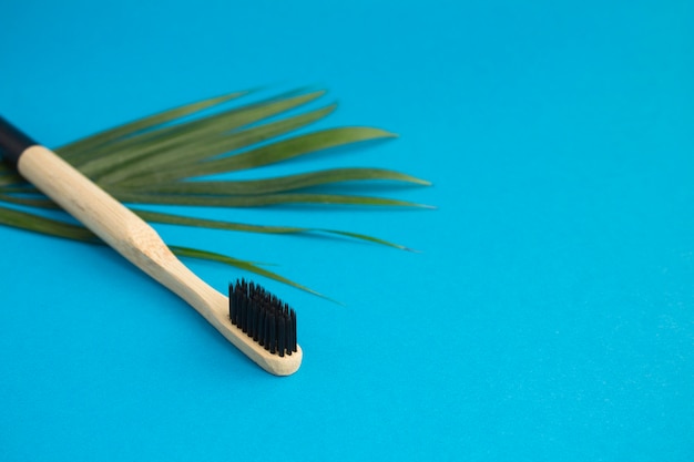 Primer plano sobre el cepillo de dientes de bambú y la hoja de palma sobre el fondo azul con espacio de copia
