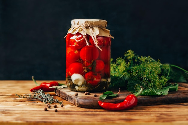 Primer plano sobre un frasco de tomates en escabeche con condimentos verdes con pimienta sobre una mesa de madera sobre un fondo oscuro