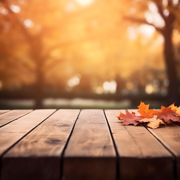 Primer plano sobre una mesa de madera con hojas de otoño