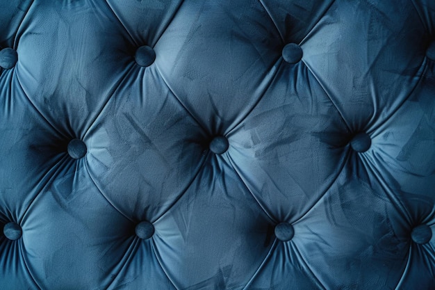 Un primer plano del sofá azul acolchado de terciopelo estilo Chesterfield