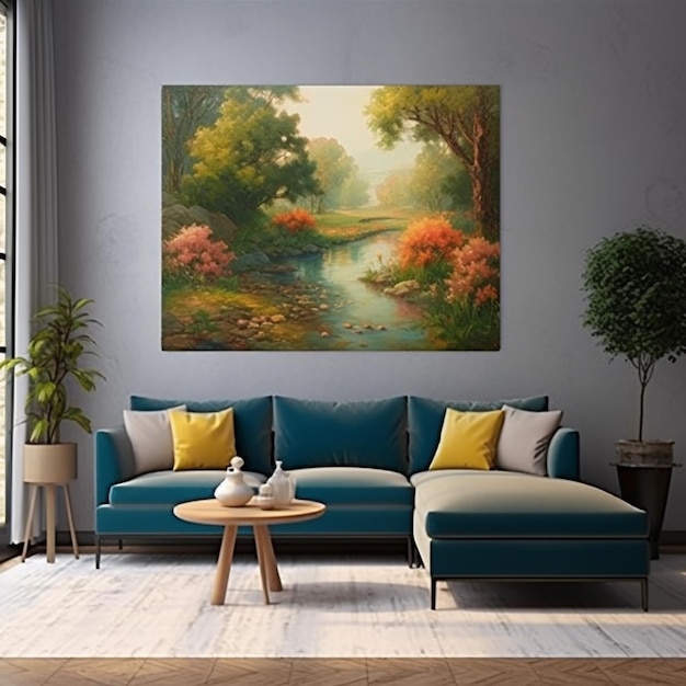 un primer plano de un sofá en una habitación con una pintura en la pared generativa ai