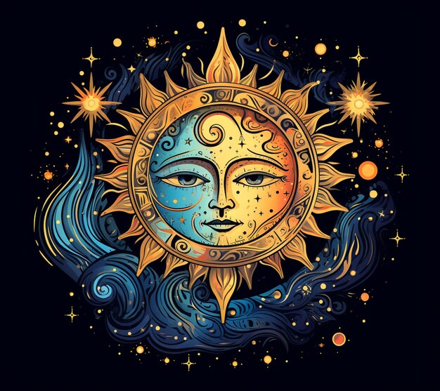 un primer plano de un sol con una cara rodeada de estrellas generativo ai