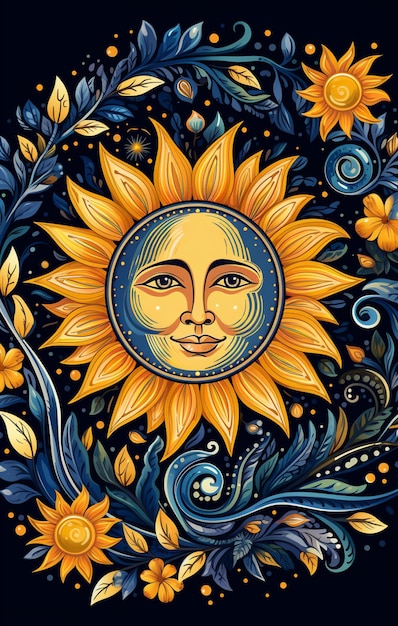 un primer plano de un sol con una cara rodeada de flores generativa ai