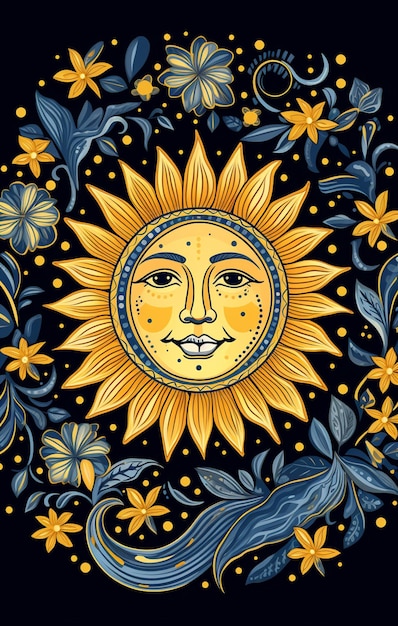 un primer plano de un sol con una cara rodeada de flores generativa ai