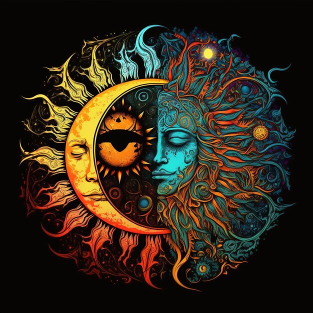 un primer plano de un sol y una luna con caras generativas ai
