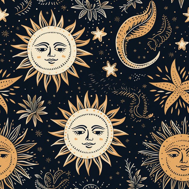 un primer plano de un sol y una luna con estrellas y caras de luna generativa ai