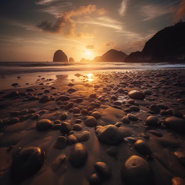 Primer plano con sol de playa de arena y océano de fondo al amanecer Banner de viaje de vacaciones