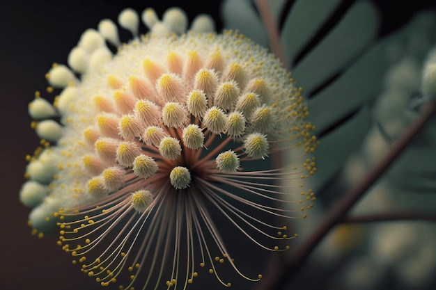 Un primer plano de una sola flor de mimosa con sus delicados pétalos y dulce fragancia creada con géneros