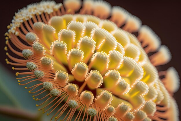 Primer plano de una sola flor de mimosa con sus delicados pétalos y patrones intrincados creados con gener