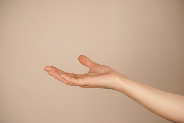 Un primer plano de una sola mano con la palma de la mano hacia arriba capturada contra un fondo claro El gesto simboliza la apertura y la receptividad La simplicidad de la postura hace hincapié en el estilo minimalista limpio