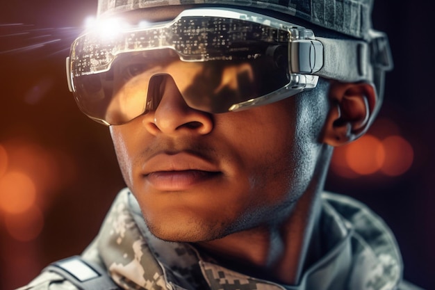 Primer plano de un soldado con gafas de sol de alta tecnología con pantalla holográfica