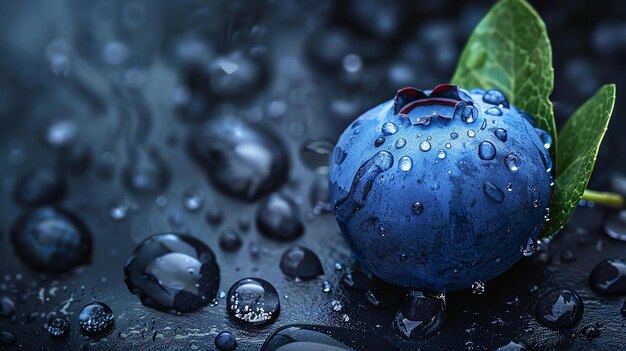 Foto primer plano de un solo arándano con gotas de agua en un fondo azul oscuro