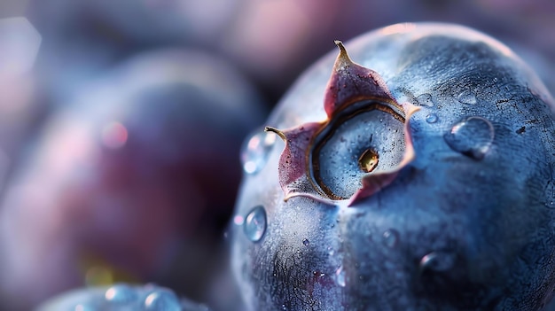 Foto primer plano de un solo arándano con gotas de agua en su superficie el arándano es azul oscuro y gordo con una piel ligeramente arrugada