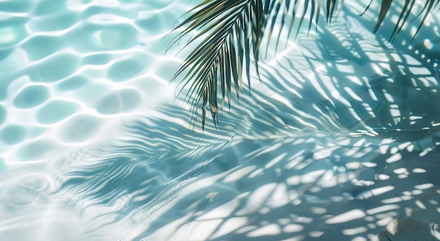 Un primer plano de la sombra de las hojas de palma en la arena blanca con agua turquesa en el fondo