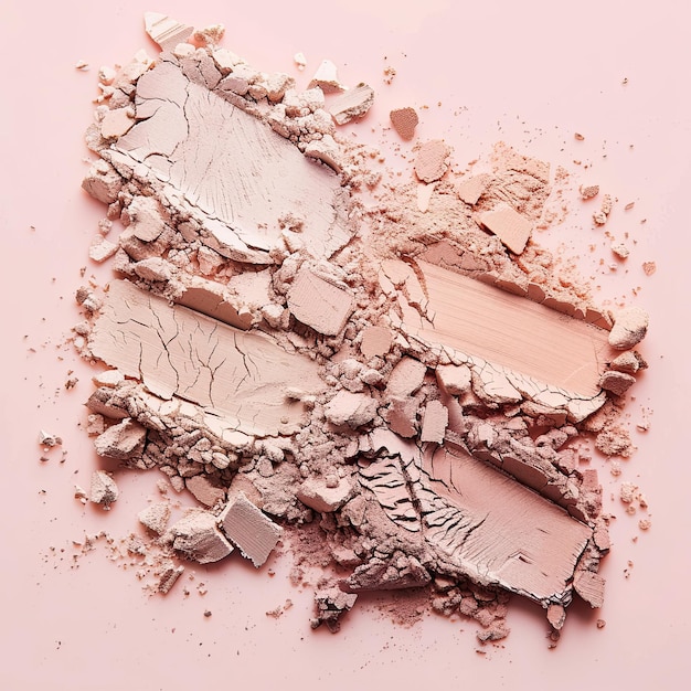 Un primer plano de sombra de ojos y polvo facial beige y rosa triturados y apilados