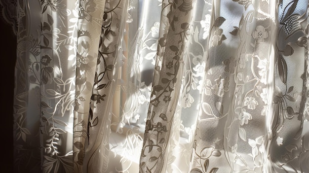 Un primer plano de las sombras proyectadas por delicadas cortinas de encaje que añaden un toque de elegancia y sofisticación a un espacio interior