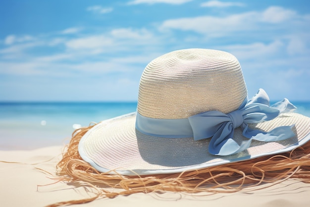 Primer plano de un sombrero en la arena de la playa