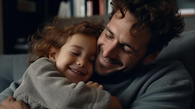 primer plano sonriente y amoroso padre joven abrazando a su hija IA generativa