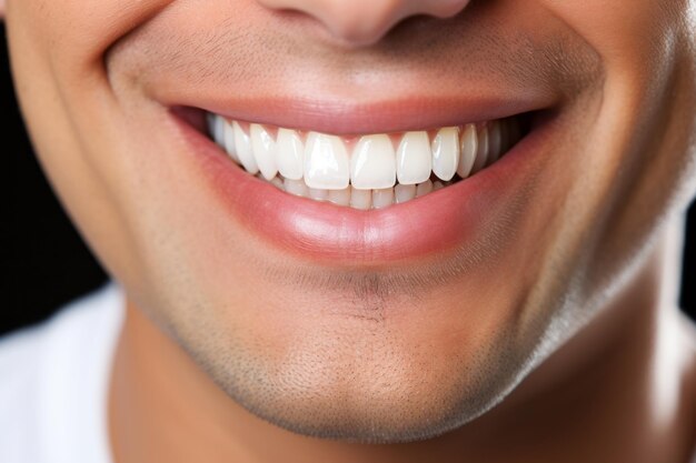 Primer plano de una sonrisa blanca impecable en un joven con un trabajo de ortodoncia impecable