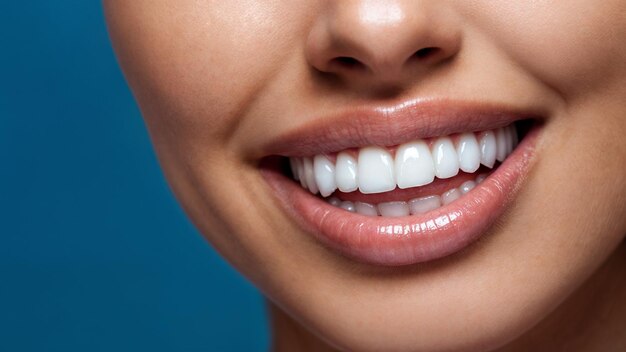 Foto primer plano de una sonrisa con dientes blancos y sanos blanqueo de pancartas copiar espacio