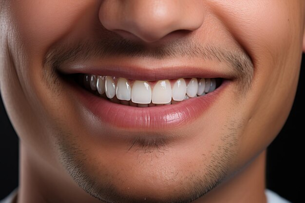 Un primer plano de la sonrisa de un hombre con dientes blancos perfectos.