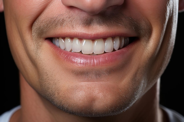 Un primer plano de la sonrisa de un hombre con dientes blancos perfectos.